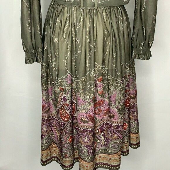 Vintage 70s Secretary Midi Dress Womens M Green Paisley Ruffle Collar Belted - Picture 3 of 9